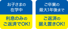 お子さまの在学中 利息のみのご返済でOK! ご卒業の最大1年後まで ご返済の据え置きOK!
