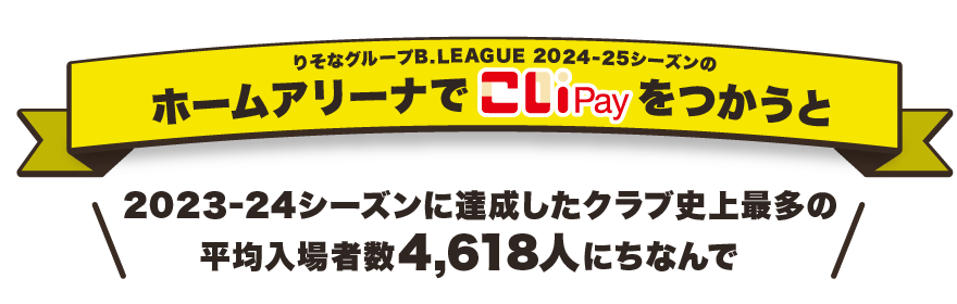 B.LEAGUE 2024~2024シーズンのホームアリーナでこいPayをつかうと2023-24シーズンに達成したクラブ史上最多の平均入場者数4,618人にちなんで