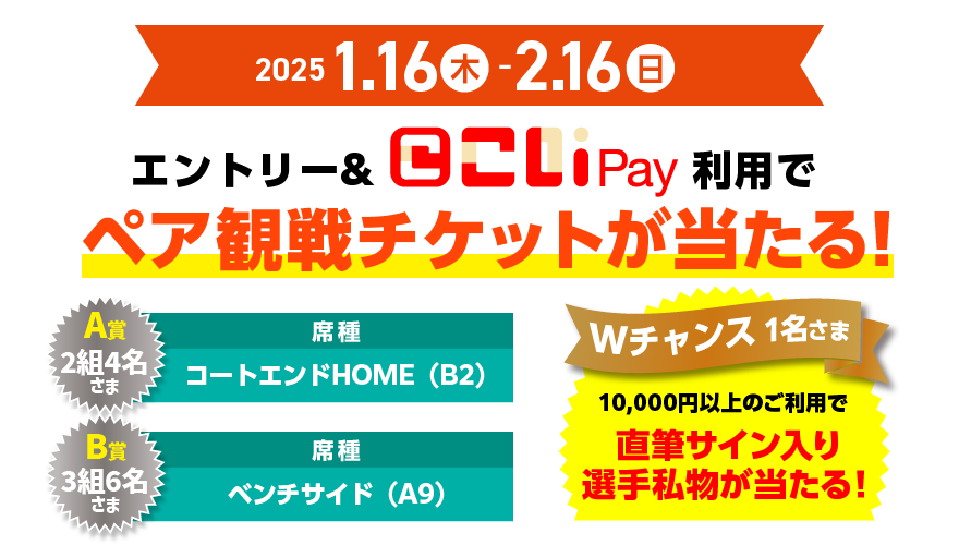エントリー＆こいPayご利用でペア観戦チケットが当たる！A賞コートエンドHOME（B2）2組4名さま B賞ベンチサイド（A9）3組6名さま Wチャンス1名さま10,000円以上のご利用で直筆サイン入り選手私物が当たる！