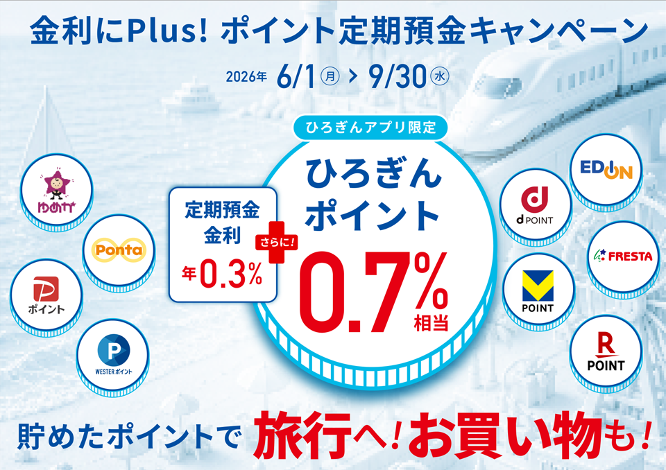 金利にPlus!ポイント定期預金キャンペーン 貯めたポイントで旅行へ！お買い物へ！ 2026年6月1日（月）～2026年9月30日（水）