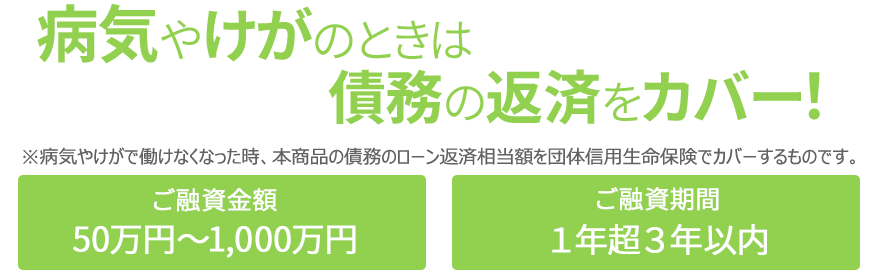 病気やけがのときは債務の返済をカバー！※病気やけがで働けなくなった時、本商品の債務のローン返済相当額を団体信用生命保険でカバーするものです。ご融資金額50万円～1,000万円　ご融資期間1年超3年以内