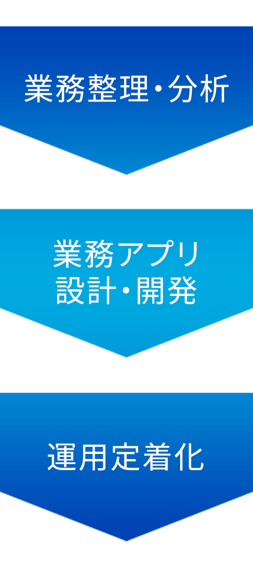 業務整理・分析→業務アプリ設計・開発→運用定着化