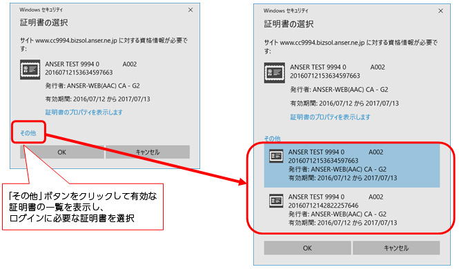 「その他」ボタンをクリックして有効な証明書の一覧を表示し、ログインに必要な証明書を選択