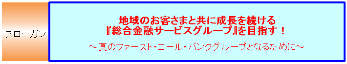 【スローガン】
地域のお客さまと共に成長を続ける『総合金融サービスグループ』を目指す！
～真のファースト・コール・バンクグループとなるために～