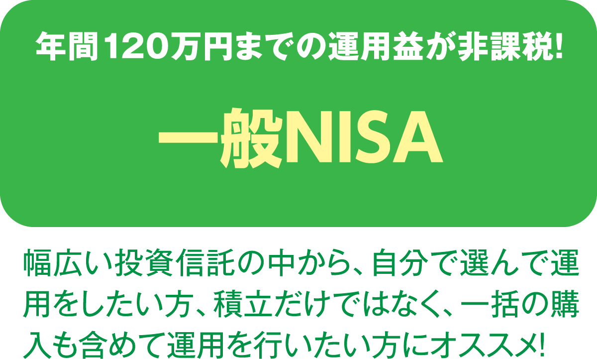 年間120万円までの運用益が非課税！一般ＮＩＳＡ「幅広い投資信託の中から、自分で選んで運用をしたい方、積立だけではなく、一括の購入も含めて運用を行いたい方にオススメ！」