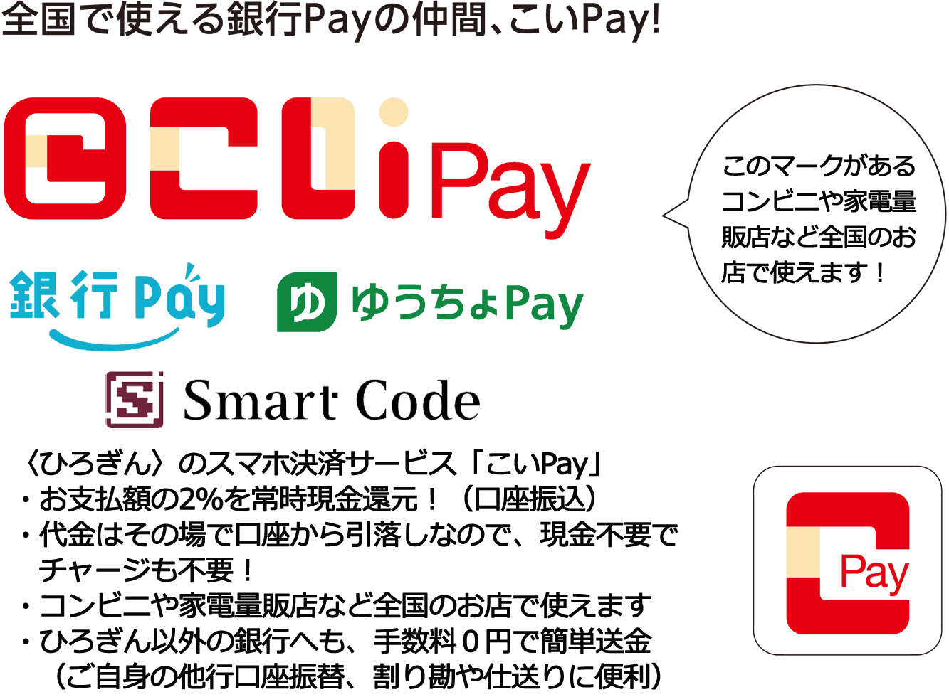 全国で使える銀行Payの仲間、こいPay！