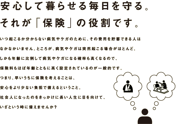 安心して暮らせる毎日を守る。それが「保険」の役割です。いつ起こるか分からない病気やケガのために、その費用を貯蓄できる人はなかなかいません。ところが、病気やケガは突然起こる場合がほとんど。しかも年齢に比例して病気やケガになる確率も高くなるので、保険料もほぼ年齢とともに高く設定されているのが一般的です。つまり、早いうちに保険を考えることは、安心をより少ない負担で備えるということ。社会人になったのをきっかけに長い人生に目を向けて、いざという時に備えませんか？