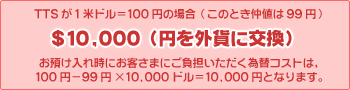 TTSが1米ドル＝100円の場合（このとき仲値は99円）$10,000（円を外貨に交換）お預け入れ時にお客さまにご負担いただく為替コストは、100円-99円×10,000ドル＝10,000円となります。