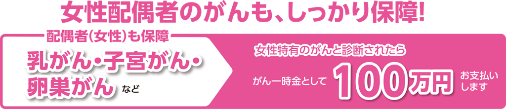 配偶者（女性）が乳がん・子宮がん・卵巣がんなど女性特有のがんと診断されたらがん一時金として100万円お支払いします
