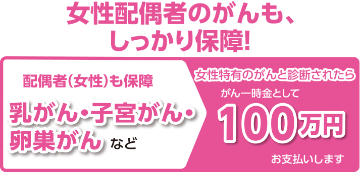 配偶者（女性）が乳がん・子宮がん・卵巣がんなど女性特有のがんと診断されたらがん一時金として100万円お支払いします