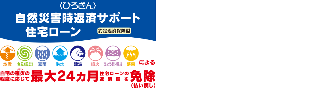 〈ひろぎん〉自然災害時返済サポート住宅ローン（約定返済保障型）。自宅の罹災の程度に応じて最大24ヵ月住宅ローンの返済額を免除(払い戻し)します。