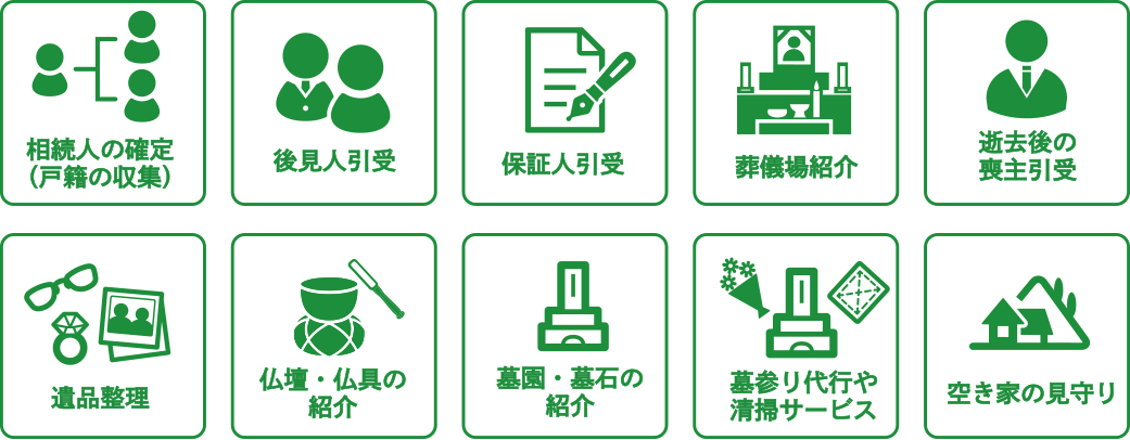 相続人の確定（戸籍の収集）　後見人引受　保証人引受　葬儀場紹介　逝去後の喪主引受